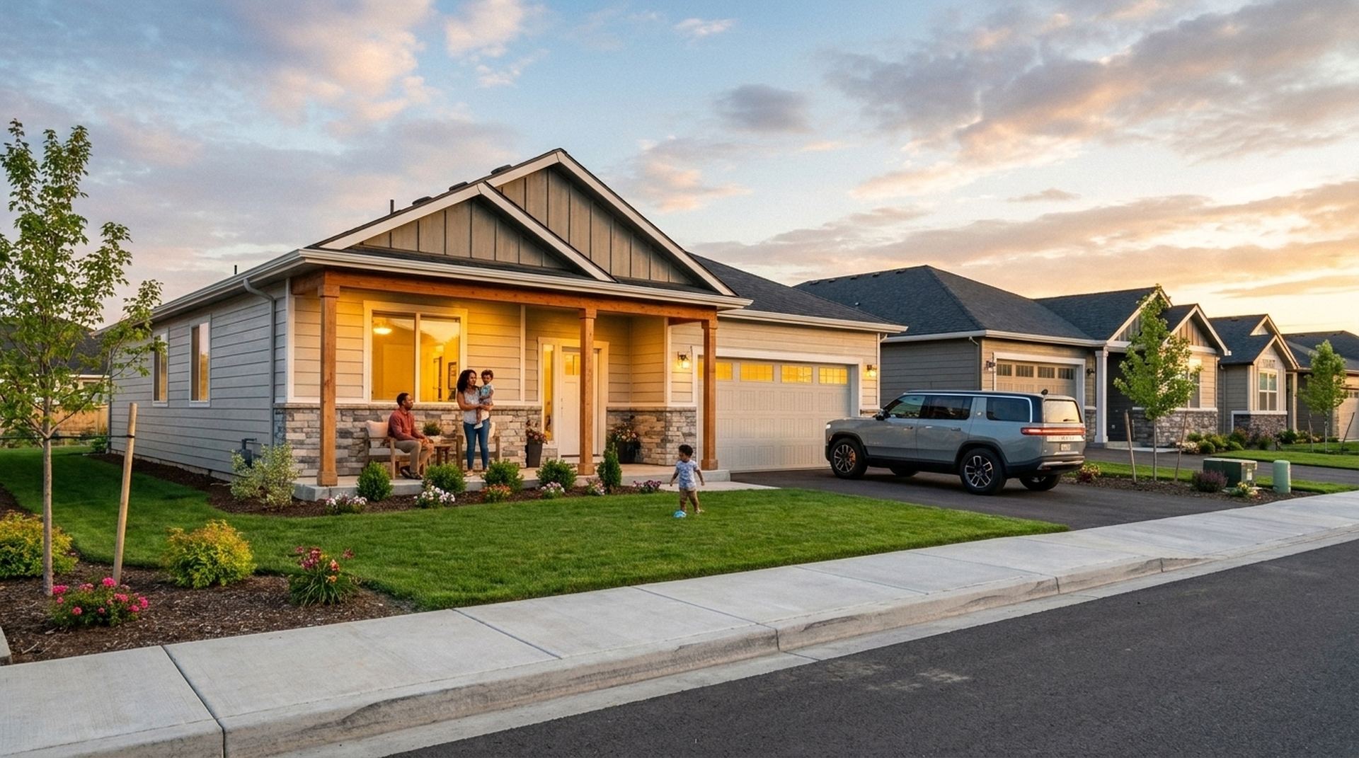 The Wren — ranch-style bungalow with family on covered porch